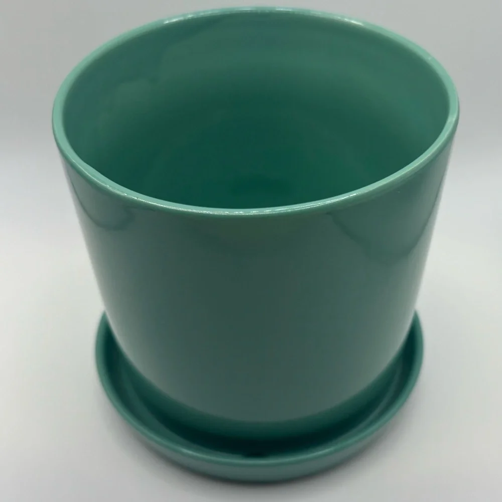 Turquoise Aqua Green Planter Pot with Saucer Porcelain Glossy 5” y2K Modern